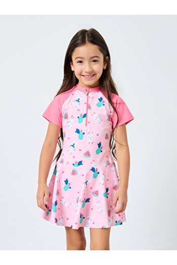 Styli Girls Pink Bunny Print Swim Dress and Shorts Set