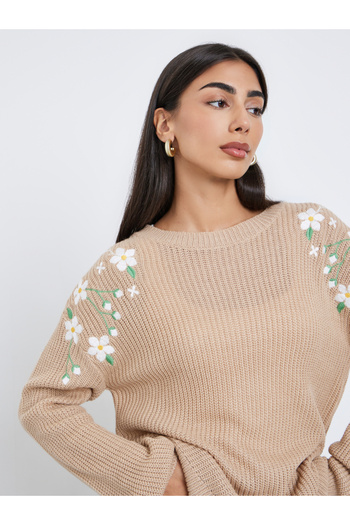 Styli Beige Floral Embroidered Chunky Knit Sweater