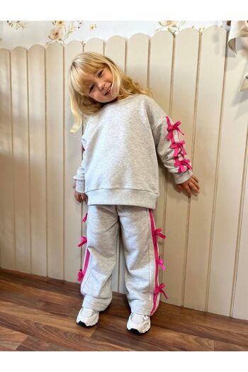 CANSU BUTİK Girl's Gray Long Two-Piece Set with Bow on the Edge