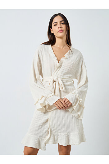 Styli Jacquard Double Ruffle Detail Tie Robe