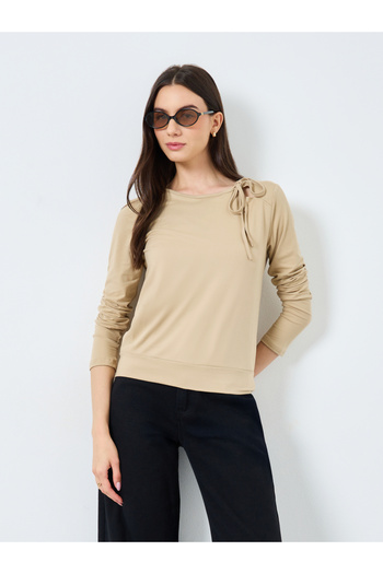 Take Two By Styli Beige Long Sleeve Tie Neck Blouse