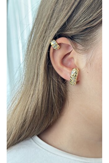 mibrillo Brand Equivalent Stone-Encrusted Snake Skin Look 3-Piece Earring Set (with Ear Cuffs)