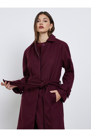 Styli Burgundy Wool Look Belted Midi Coat