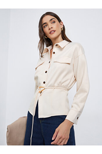 Styli Off White Long Sleeve Relaxed Fit Shirt with Belt