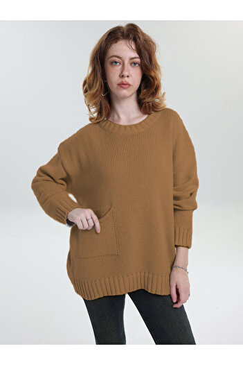 Take Two By Styli Plus Size Brown Pocket Detail Knit Sweater
