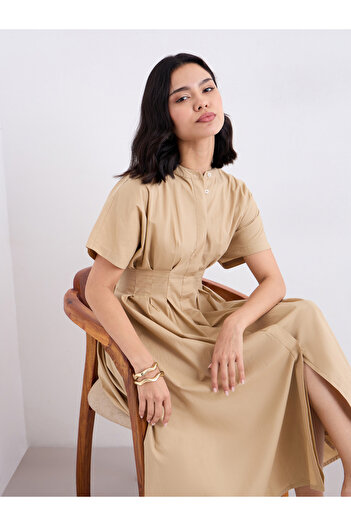 Styli Beige Shirt Midi Dress with Fold Pleated