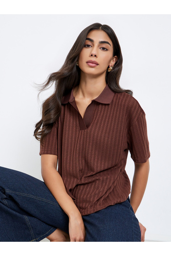 Styli Brown Textured Knit Polo T-Shirt