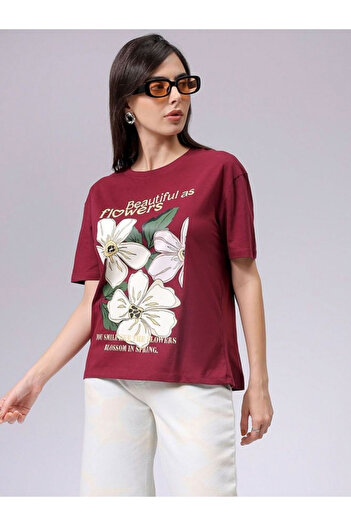 Freehand By Styli Women Red Relaxed Fit Floral Print T-Shirt