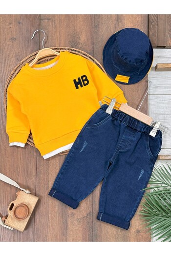 BEBENDY Denim Pants Double-Sided Hat Hb Embroidered Sweatshirt 3-Piece Baby Boy/Child Set