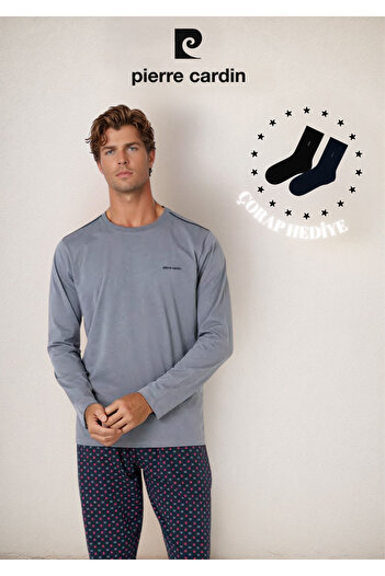 Pierre Cardin Men's 100% Cotton Long Sleeve Logo Detailed & Licensed Pajama Set (2 Gift Socks) L1.Pc.6099.001