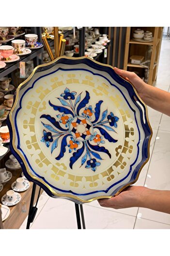Onedekor Luxury Acrylic Round Tray Blue Nakkaş 38cm