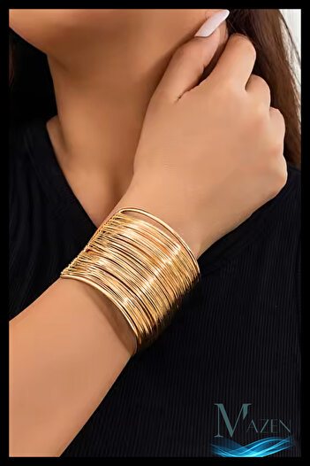 MAZEN Ariva Wire Row Wide Bracelet |   Gold Color |   Women's Jewelry Accessory |   Stylish for Everyday & Special Occasions