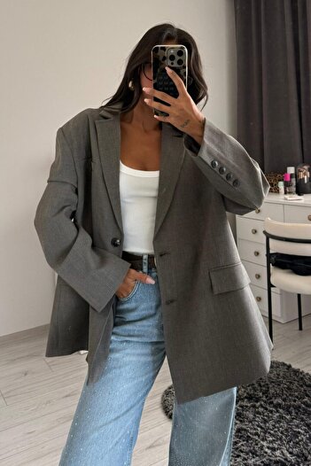 FMN Moda Plaid Checkered Lined Hijab-Friendly Women's Tok Fabric Oversized Long Design Pinterest Blazer Jacket