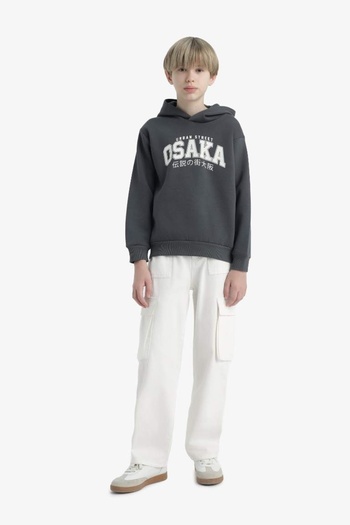 DeFacto Hooded Soft Furry Inside Printed Anthracite Boy's Sweatshirt D4347A8/Ar58