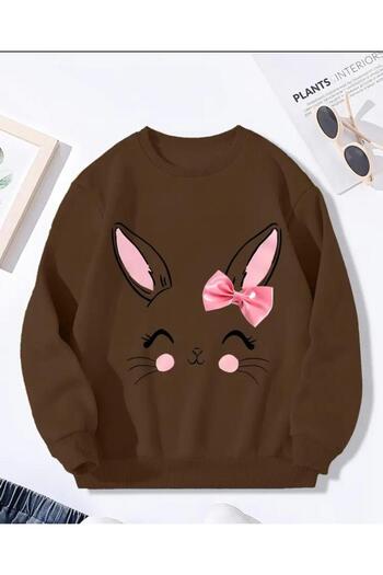 herkesemoda Secimli Rabbit Print Detailed Crew Neck Sweatshirt with Fleece Inside