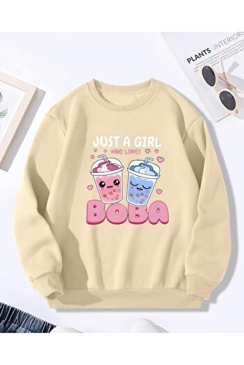 herkesemoda Boba Print Detailed Crew Neck Sweatshirt with Fleece Inside