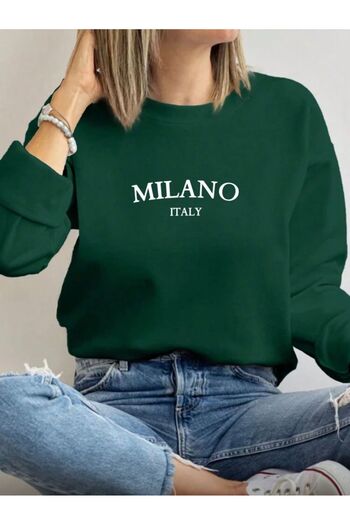 herkesemoda Milano Print Detailed Crew Neck Sweatshirt with Fleece Inside
