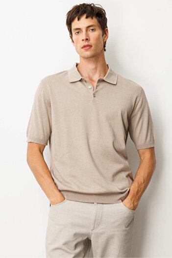 Desen Triko Men's Polo Neck 100% Cotton Short Sleeve Thin Knitwear Mink