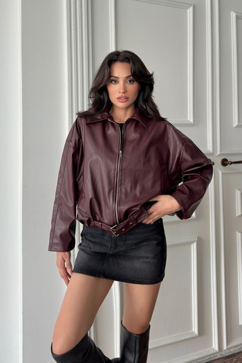 Serica Moda Burgundy Faux Leather Collar Bomber Jacket