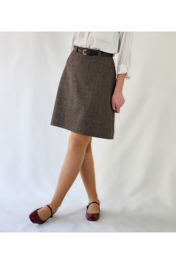 YAXİ High Waisted Light Lycra Woven Fabric Knee Length Plaid Patterned Bell Skirt