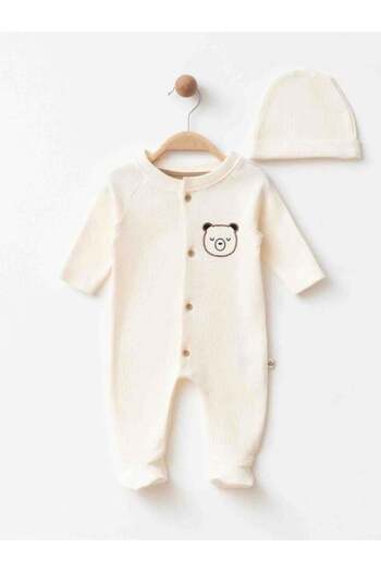 Zekids Baby Organic Cotton Teddy Bear Embroidered Hat Romper