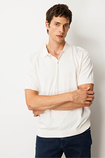 Desen Triko Men's Polo Neck 100% Cotton Short Sleeve Thin Knitwear Cream