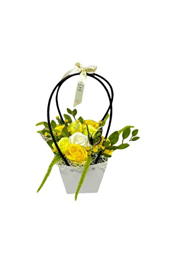 velve Cosulet floral Roses Scent, cu trandafiri din sapun parfumati si plante artificiale, Galben