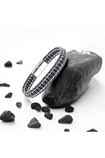 FM Onyx & Hematite Steel Braided Leather Bracelet 31832B22D2