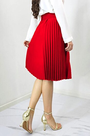 FashionForYou Carmen elegant pleated skirt, matching belt included, Red, Size S/M