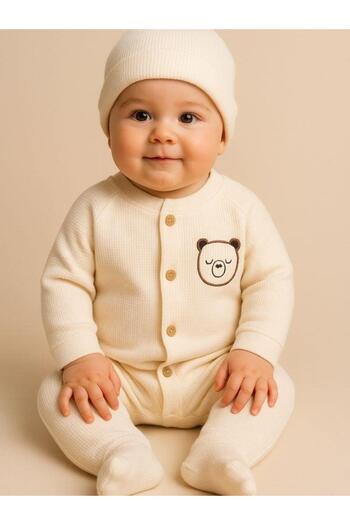 Zekids Baby Organic Cotton Teddy Bear Embroidered Hat Romper