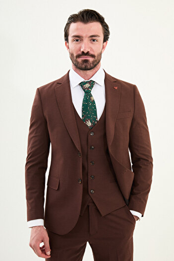 Mcr Plain Slim Fit Mono Collar Classic Men's Suit Brown - 45419.25K