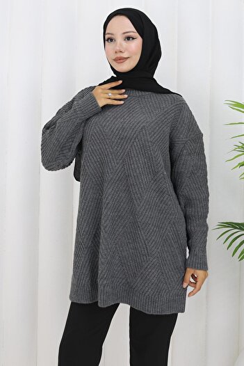 hafsamina Crew Neck Baklava Pattern Sweater Smoked Hm2836