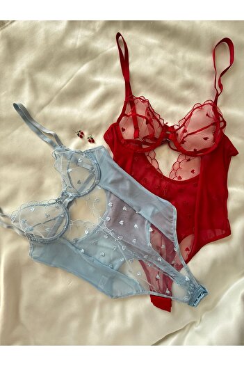 İNKO İÇ GİYİM Heart Patterned 2-Piece Underwire Transparent Bodysuit with Six Snaps
