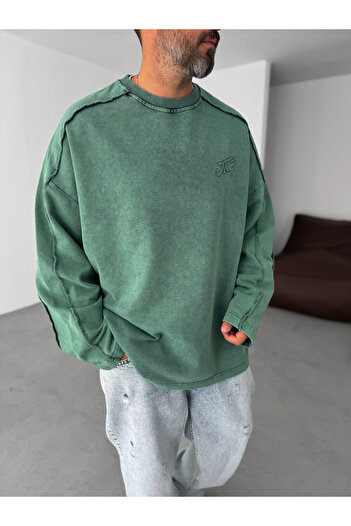 BYBASICMAN Yeşil Dikiş Detaylı Yıkamalı Sweatshirt JJ-113