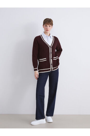 LC Waikiki Lcw Modest Burgundy V-Neck Stripe Detailed Women's Knitwear Cardigan W5K346Z8
