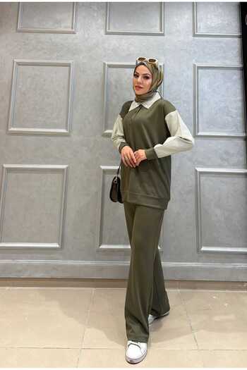 QUAWEAR Shirt Collar Shirt Fabric Detailed Tunic and Pants Knitted Fabric Tracksuit Set