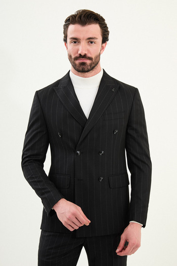 Mcr Striped Slim Fit Wide Collar Double Breasted Men's Suit Black - 45426.25K