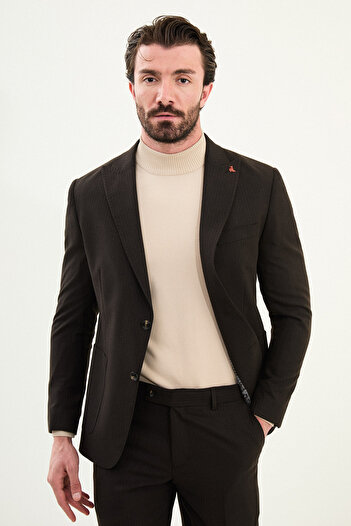 Mcr Striped Slim Fit Bag Pocket Wide Collar Bag Pocket Men's Suit Coffee - 45407.25K