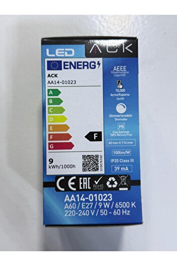 ACK 9W 3000K 900LM BEYAZ IŞIK LED DİM EDİLEBİLİR LED AMPUL E27 A60