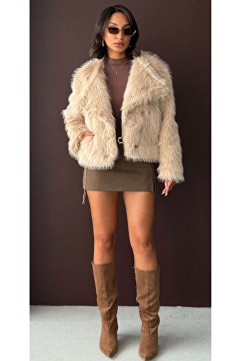 TOPSHOW Button Detailed Long Sleeve Faux Fur Coat