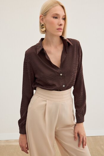 Sateen Zebra Patterned Shirt - Brown