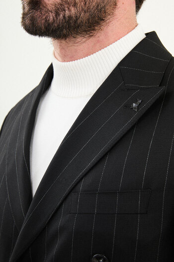 Mcr Striped Slim Fit Wide Collar Double Breasted Men's Suit Black - 45426.25K