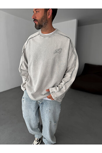 BYBASICMAN Gri Dikiş Detaylı Yıkamalı Sweatshirt JJ-113