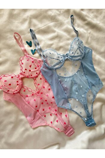 İNKO İÇ GİYİM Heart Patterned 2-Piece Underwire Transparent Bodysuit with Six Snaps