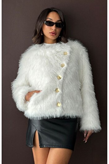 TOPSHOW Button Detailed Long Sleeve Faux Fur Coat