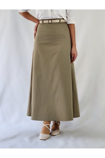 YAXİ Belt Detail Maxi Size Loose Khaki Woven Skirt