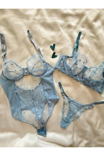 İNKO İÇ GİYİM Underwire Cupless Tulle Detailed Heart Patterned Bra Set & Bodysuit (Bra Thong)