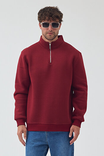 VEK Half Zipper Stand Collar Regular Comfortable Fit Sweatshirt 3 Thread Raised