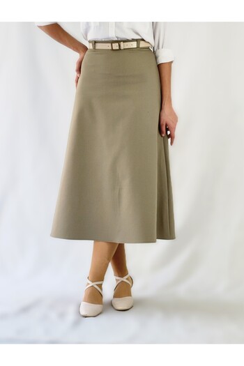 YAXİ Belt-Detail Midi-Length Loose Khaki Woven Skirt