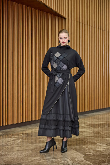 MissWhence Patchwork Double Dress 38808 Black
